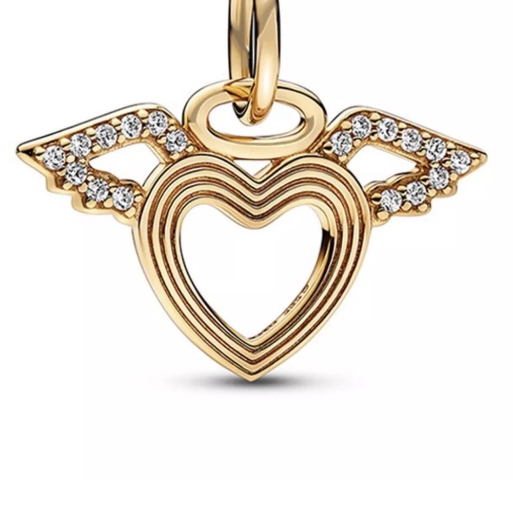 PANDORA Authentic 14K Gold Heart & Angel Wings CZ Charm 752362C01 NIB